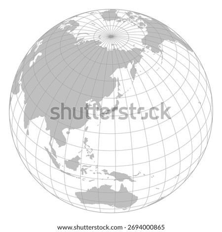 Grey world map with grid line point on Japan, Asean and Australia view from outer space. Vector Map Illustration.