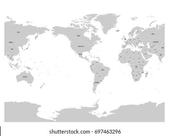 Grey World map. High detail America centered political map. Vector illustration.