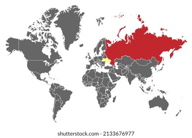 Mapa del mundo gris con Rusia roja y Ucrania amarilla.