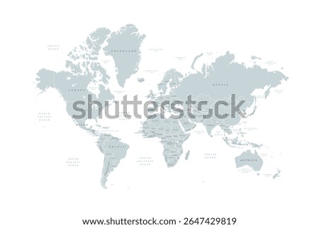 Grey World map. Ultra detailed political map with country names. Flat vector illustration.