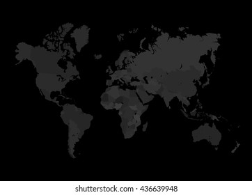 Grey World Map Vector Illustration. Empty dark template without country names text. Isolated country on black background