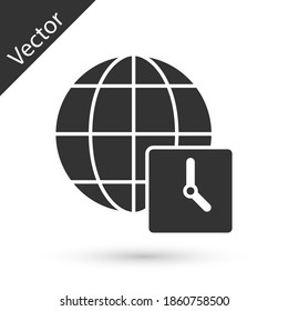 Icono de tiempo del Mundo gris aislado en fondo blanco. Reloj y globo. Vector.