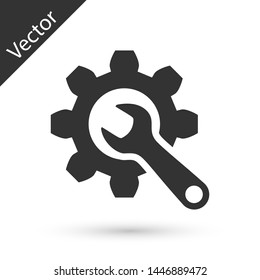 Grey Wrench and gear icon isolated on white background. Adjusting, service, setting, maintenance, repair, fixing.  Vector Illustration