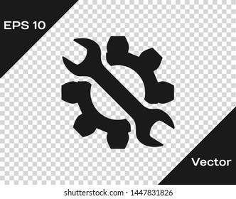 Grey Wrench and gear icon isolated on transparent background. Adjusting, service, setting, maintenance, repair, fixing.  Vector Illustration