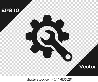 Grey Wrench and gear icon isolated on transparent background. Adjusting, service, setting, maintenance, repair, fixing.  Vector Illustration