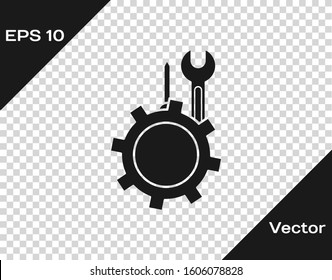 Grey Wrench and screwdriver in gear icon isolated on transparent background. Adjusting, service, setting, maintenance, repair, fixing.  Vector Illustration - Powered by Shutterstock - Get 15% off with code: PIKWIZARD15