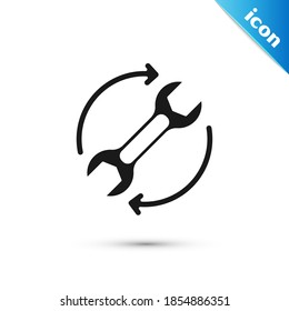 Grey Wrench spanner and arrows as workflow icon isolated on white background. Adjusting, service, setting, maintenance, repair, fixing.  Vector