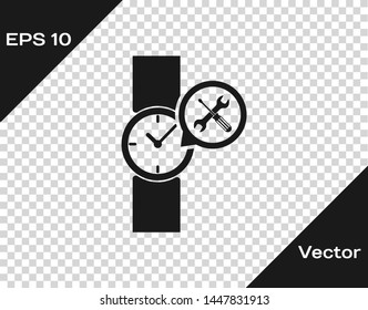 Grey Wrist watch with screwdriver and wrench icon isolated on transparent background. Adjusting, service, setting, maintenance, repair, fixing.  Vector Illustration