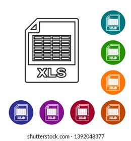 Grey XLS file document icon. Download xls button line icon isolated on white background. Excel file symbol. Set icon in color circle buttons. Vector Illustration