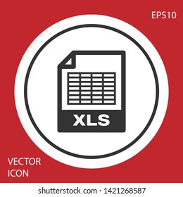 Grey XLS file document icon. Download xls button icon isolated on red background. Excel file symbol. White circle button. Vector Illustration