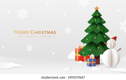 Banner de navidad gris con estilo de corte de papel. Ilustración de árbol de Navidad decorado con muñeco de nieve, cajas de regalo alrededor, y nieve caen sobre fondo gris