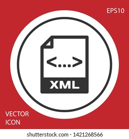 Grey XML file document icon. Download xml button icon isolated on red background. XML file symbol. White circle button. Vector Illustration