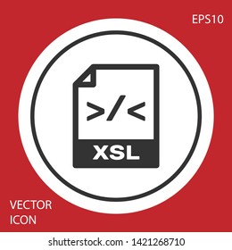 Grey XSL file document icon. Download xsl button icon isolated on red background. Excel file symbol. White circle button. Vector Illustration