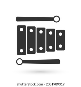 Grey Xylophone - musical instrument with thirteen wooden bars and two percussion mallets icon isolated on white background.  Vector