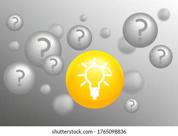 Grey and yellow 3D balloons on a grey background. Vector with large, three-dimensional
bubbles with question marks and a light bulb. Illustration with the concept of the idea.