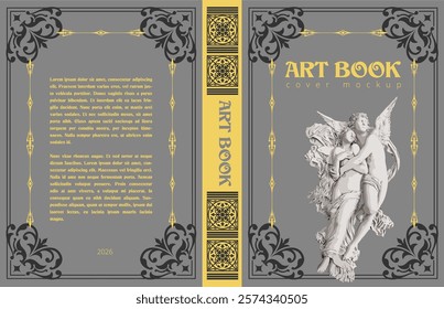 Grey and yellow art book cover mockup featuring a classical sculpture of two embracing angels and decorative borders