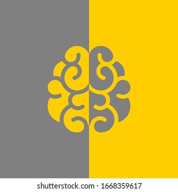 Grey and yellow brain icon. Right and left  hemisphere difference. Intellect, phsychology, knowledge simple pictogram isolated on white. flat vector illustration. Creative smart sign