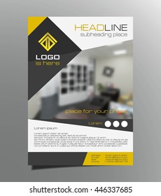 Grey, yellow brochure flyer design vector. Leaflet cover. Geometric layout A4 size.