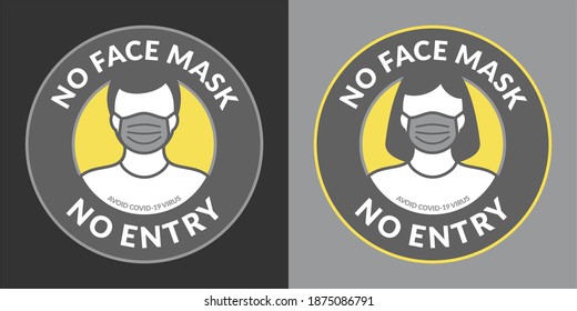 Grey And Yellow Caution No Face Mask No Entry Round Stickers Vector Illustration