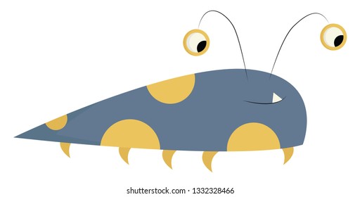 A grey and yellow colored monster with one tooth and big eyes, vector, color drawing or illustration.