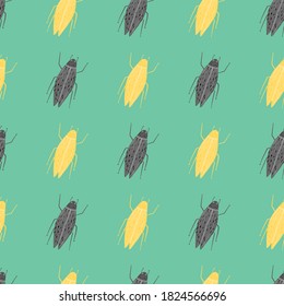 Grey and yellow contoured bugs ornament seamless pattern. Light turquoise background. Nature print. Perfect for wallpaper, textile, wrapping paper, fabric print. Vector illustration.