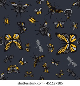 Grey and yellow insects seamless pattern