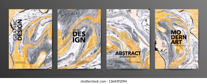 Grey and yellow marble texture backgrounds set. Natural stone, mineral backdrop for text, modern design. Liquid paint mixing effect. Resin art. Acrylic, oil paint splashes abstract wallpaper design.