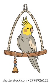 Grey and yellow pet bird perched on branch accessory with rope and toy bell colorful bird cage supplies illustration.