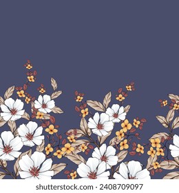 grey and yellow seamless vector stock flowers with leaf border pattern on background