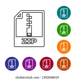 Grey ZIP file document icon. Download zip button line icon isolated on white background. ZIP file symbol. Set icon in color circle buttons. Vector Illustration
