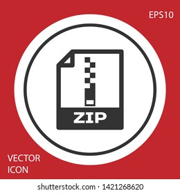 Grey ZIP file document icon. Download zip button icon isolated on red background. ZIP file symbol. White circle button. Vector Illustration