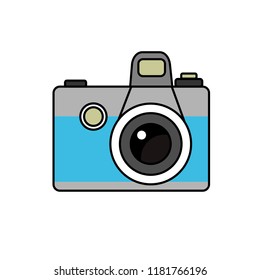 A grey-blue camera isolated on a white background. Vintage camera in a Flat style. Icon. Vector illustration.