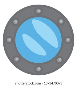 A grey-colored circular window used on the hull of ships to admit light and air vector color drawing or illustration 