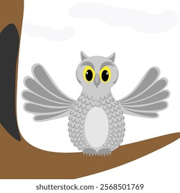 A grey-eyed owl sits on a branch near a hollow tree