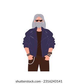 Grey-haired bearded rocker male cartoon biker character wearing trendy old-fashioned outfit