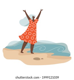 Grey-haired dark-skinned woman enjoying singleness and walking on seashore. Vector, trendy flat cartoon character design. An illustration of independent active middle aged woman happy spending time.
