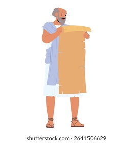Grey-haired elderly philosopher reading aged parchment scroll ancient document spreading science teaching standing isolated on white background. Antique bearded man scientist vector illustration
