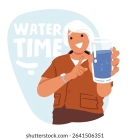 Grey-haired elderly woman character holding bottle clean refreshing beverage promotes water time for maintaining hydrobalance cartoon with promotion quote. Seniors health wellbeing vector illustration