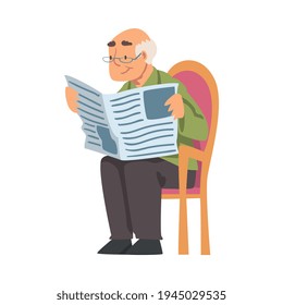 Grey-haired Grandpa in Glasses Sitting on Chair and Reading Newspaper Vector Illustration