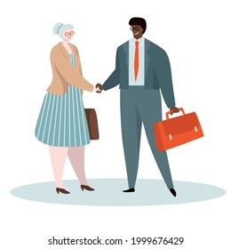 Una mujer de mediana edad de cabello gris y un hombre de piel oscura estrechando las manos. Ilustración vectorial, diseño moderno de carácter plano. Concepto de mujeres maduras de negocios que hacen un trato. 