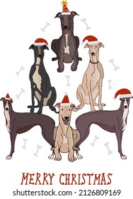 Greyhound breed. Abstract Christmas tree. Vector illustration. Merry Christmas greeting card with cute funny brown and Greyhound dogs wearing winter hats. Cute funny dogs.