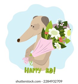 Greyhound dog with a large bouquet of wildflowers and the inscription Happy BD. Card