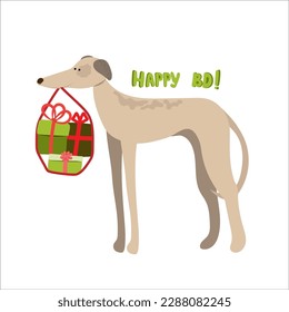 Perro de Greyhound con un gran paquete de regalos y la inscripción Feliz BD. Tarjeta