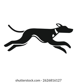Greyhound dog running fast wearing a collar, simple black silhouette