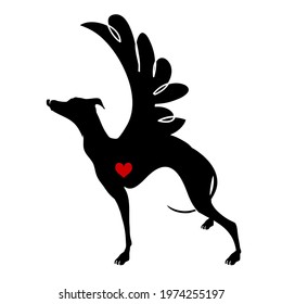Greyhound dog standing silhouette with heart and wing , T-shirt decoration, greeting card for Valentine's Day, Tattoo