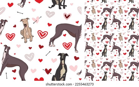 Greyhound dog Valentine's day heart wallpaper. Love doodles hearts with pets holiday texture. square background, repeatable pattern. St Valentine's day wallpaper, valentine present, print tiles.