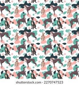 Greyhound dog wallpaper with leaves, palms, flowers, plants. Pastel green, pink, navy. Holiday abstract natural shapes. Seamless floral background with dogs, repeatable pattern. Birthday wallpaper. 