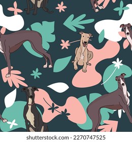 Greyhound dog wallpaper with leaves, palms, flowers, plants. Pastel green, pink, navy. Holiday abstract natural shapes. Seamless floral background with dogs, repeatable pattern. Birthday wallpaper. 