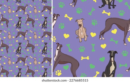 Greyhound dogs on a playful violet background with bones, hearts, paws. Funky, colorful vibe, vibrant palette. Simple, clean, modern texture. Summer seamless pattern with dogs. Birthday present, card.