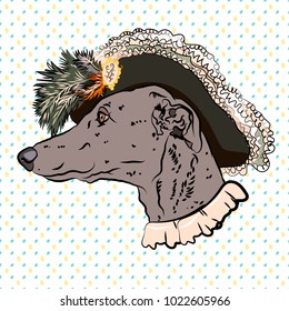 Greyhound in a vintage suit. Privileged person. Funny drawing for a youth T-shirt. Vector.